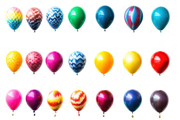 Collection of colorful balloons arranged in rows isolated on transparent background. Collection set of colorful balloons isolated on white background.