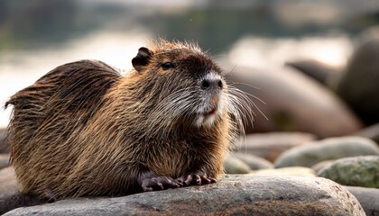 A Large Brown Coypu Rests Peacefully On A Rocky Surface Its Fur Appearing Thick And Slightly Damp