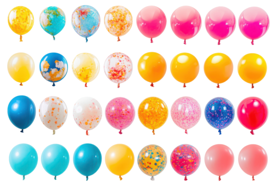 Collection of colorful balloons arranged in rows isolated on transparent background. Collection set of colorful balloons isolated on white background.