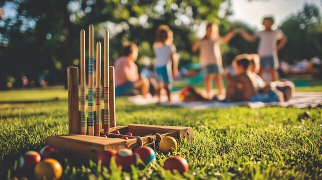 Rustic croquet set displayed at a family picnic with games in progress and children laughing picnic blankets nearby and a relaxed joyous atmosphere among family members