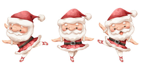 Set of cute watercolor painting santa claus cartoon illustrations performing graceful ballet dancing poses in christmas festival . PNG .