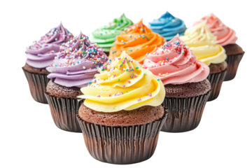 Assortment of colorful frosted cupcakes isolated on transparent background. Collection set of colorful cupcakes isolated on white background.
