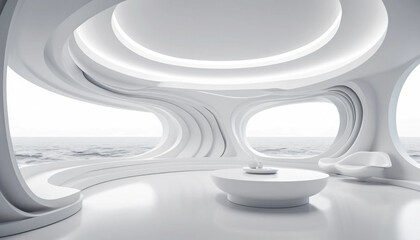 Futuristic white interior with ocean view, modern architecture, and minimalist design