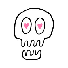 Cute Love Skull. Doodle Skull with Heart Eyes.