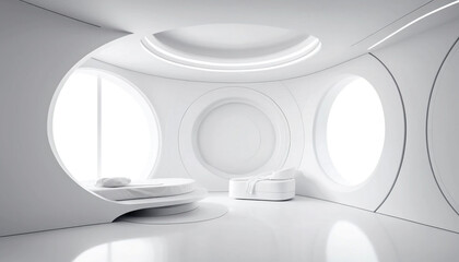 Futuristic white interior with round windows and minimalist furniture