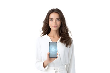 Fototapeta premium businesswoman holding a smartphone with AI personal assistant hologram floating above, futuristic productivity vibe, 3d animation, isolated on a white background