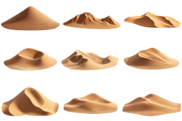Collection of sand dunes isolated on transparent background. Collection set of desert dunes isolated on white background.