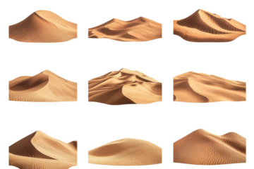 Collection of sand dunes isolated on transparent background. Collection set of desert dunes isolated on white background.