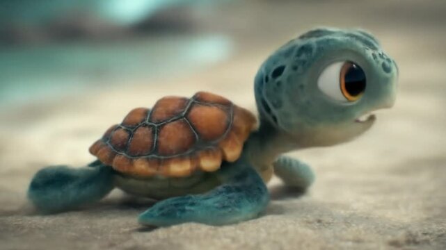 Animated baby turtle on sandy surface with water background