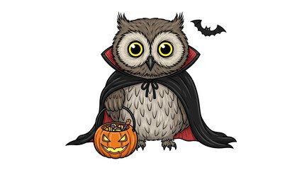 Halloween Owl with pumpkin Basket: A whimsical Halloween illustration of an owl in a spooky attire, dressed in a cape with a pumpkin bucket ready for trick-or-treating