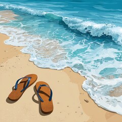 Flip-flops and the captivating ocean waves embracing the sandy shore, symbolizing a serene vacation escape.
