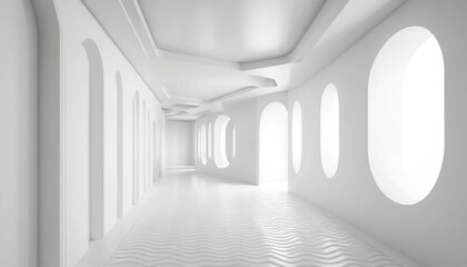 Modern white architectural hallway with oval windows and wavy floor