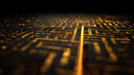 Abstract glowing labyrinth of golden threads against a dark matte background