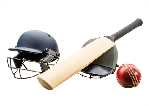 Cricket bat helmet and ball on white background isolated on a transparent background - Powered by Adobe