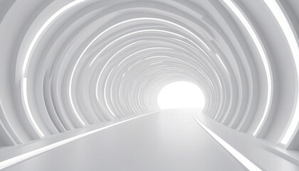Abstract futuristic white tunnel with glowing light at the end