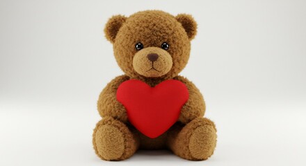 Obraz premium 愛らしい茶色のテディベアが真っ赤なハートを優しく抱き締める白い背景に柔らかな光が温かく差し込む一枚. AI Generated