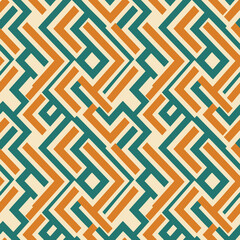 Retro Geometric Maze Pattern in Orange and Teal,Seamless Abstract Line Design with Vintage Color Tones,Bold Angular Tile Print with a Mid-Century Modern Feel