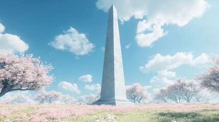 Serene Springtime Vista: Obelisk Amidst Blossoming Cherry Trees