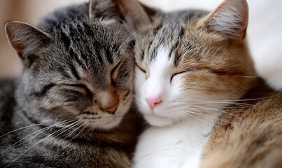 Naklejka premium Two adorable cats nuzzle closely together, expressing affection and warmth, with their eyes closed and fur softly blending, evoking feelings of comfort and peace.