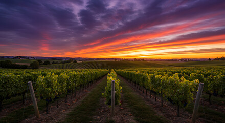 A stunning summer sunset view over a vineyard landscape with a path winding through the green field toward the rural countryside