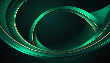 Abstract emerald green swirling ribbons with gold accents on a dark background