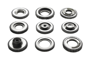 Collection of small metal gears and cogs isolated on transparent background. Collection set of gears isolated on white background.