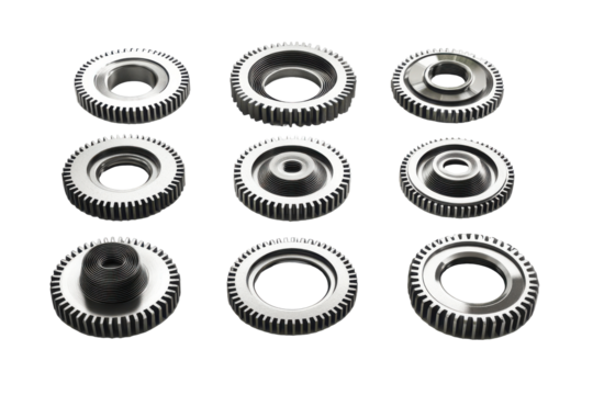 Collection of small metal gears and cogs isolated on transparent background. Collection set of gears isolated on white background.