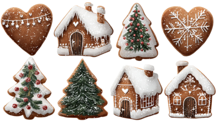 Png colorful festive holiday cookies element set isolated on transparent background gingerbread stars hearts trees snowflakes and candy shapes clipart for christmas cards packaging and stickers