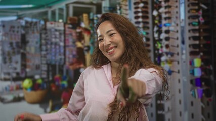 Woman points finger to camera while smiling in a crowded street market souvenir stall with sunglasses rack and baskets visible; playful confidence.