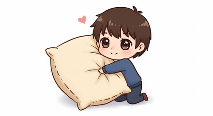 優しい笑顔が愛らしいアニメ風の男の子が真っ白な背景でふわふわの枕をぎゅっと優しく抱きしめる心温まる癒しの瞬間. AI Generated