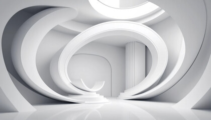 Abstract futuristic white interior with curved walls and geometric shapes