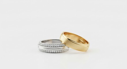 穏やかな光が美しく煌めくダイヤモンドのプラチナリングと艶やかなゴールドリングを照らし出すロマンチックな婚約指輪または結婚指輪の瞬間. AI Generated