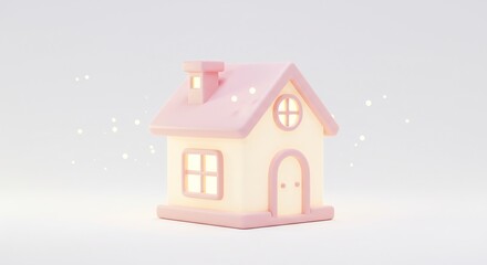 可愛らしいピンクとクリーム色の家が柔らかな光を放ち温かい雰囲気を生み出す背景にきらめく粒子が舞う幻想的な3Dイラストレーション. AI Generated