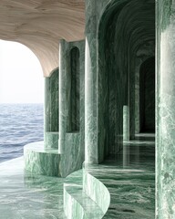 Marble archway by sea, serene turquoise patterns