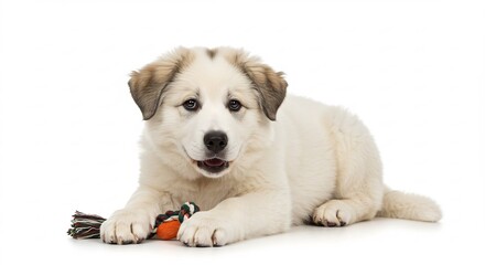 柔らかな光が降り注ぐ真っ白なスタジオでふわふわの白い毛並みを持つ愛らしい子犬が純粋な瞳でカメラを見つめながらお気に入りのオレンジ色のおもちゃを大事そうに抱え楽しそうに遊ぶ癒やしの瞬間. AI Generated