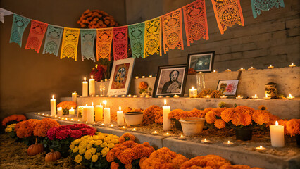 Vibrant day of the dead altar decorated with marigolds candles and papel picado