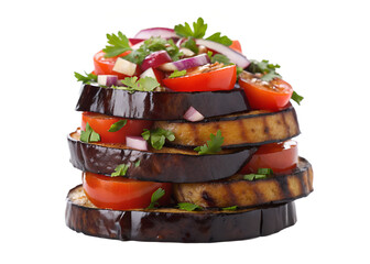 A stack of grilled eggplant slices topped with tomatoes, onions, and parsley, isolated on transparent background