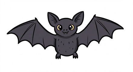 シンプルな白い背景でキラキラ輝く大きな瞳の可愛いコウモリが両翼を広げ軽やかに飛ぶ愛らしい漫画風イラストレーション. AI Generated