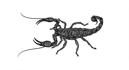 力強く描かれたリアルなサソリのモノクローム線画イラスト 白い背景に孤立した砂漠の捕食者. AI Generated