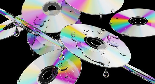 Illustration of abstract arrangement of cds with water droplets and rainbow iridescent reflections on a black background