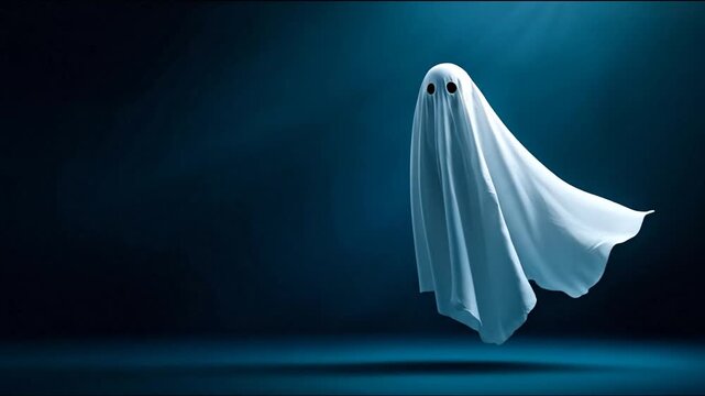 Mysterious ghost figure floating against dark blue background