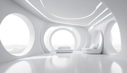 Futuristic white interior with organic shapes and modern furniture