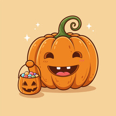 Joyful pumpkin with a curly stem and blushing cheeks beside a candy-filled jack-o'-lantern bucket on a sparkly beige background.