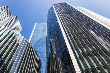 Modern Glass Skyscrapers in Financial District - Low Angle View of Urban Architecture