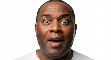 突然の衝撃的な光景に驚きと戸惑いを隠せないアフリカ系男性のクローズアップ 白い背景の中で大きく見開かれた目と開いた口が彼の強い感情を鮮やかに表現し見る者に深い印象を与える. AI Generated