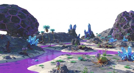 鮮やかな光を放つ青いクリスタルが林立する異世界の風景 紫色の川が岩肌の間を流れ幻想的な美しさ. AI Generated