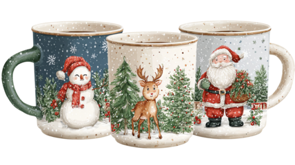 Christmas coffee mugs png set bundle transparent isolated festive holiday cups with cocoa latte tea designs red and green patterns clipart for cards stickers sublimation print crafts and packaging