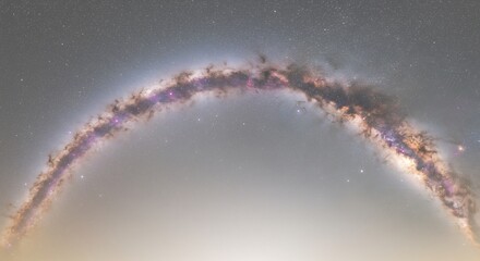 広大な宇宙に架かる壮麗な星々の虹が夜空を優しく照らし神秘的な輝きを放つ幻想的な銀河の風景. AI Generated