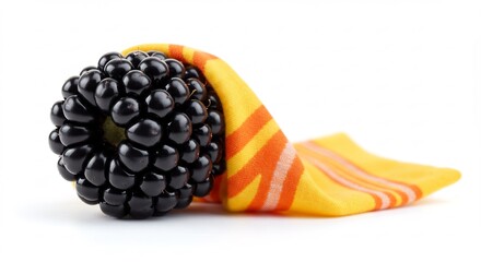 白い背景に明るく照らされた新鮮でつややかなブラックベリー一粒。鮮やかな黄色とオレンジのストライプ布が際立つ対比的な美しさのクローズアップ. AI Generated