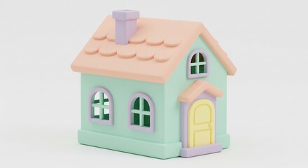 暖かく穏やかな光に包まれたパステルカラーの可愛らしいミニチュアハウス白いシンプルな背景に優しく浮かぶ魅惑的な3Dイラスト. AI Generated